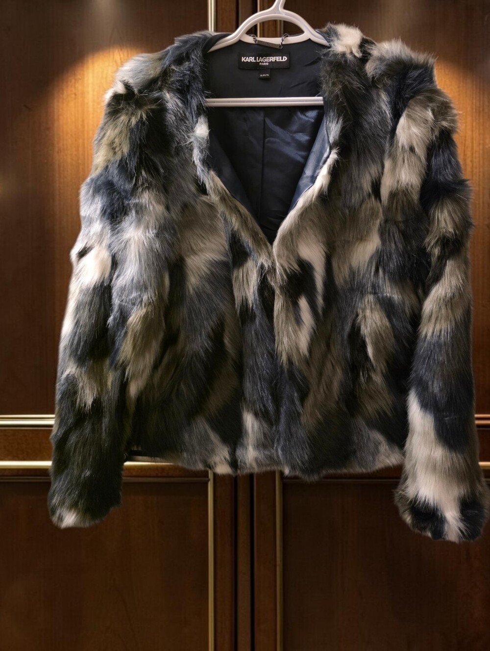 Karl Lagerfeld Faux Fur Teddy Jacket in Black / Blue & White Blend